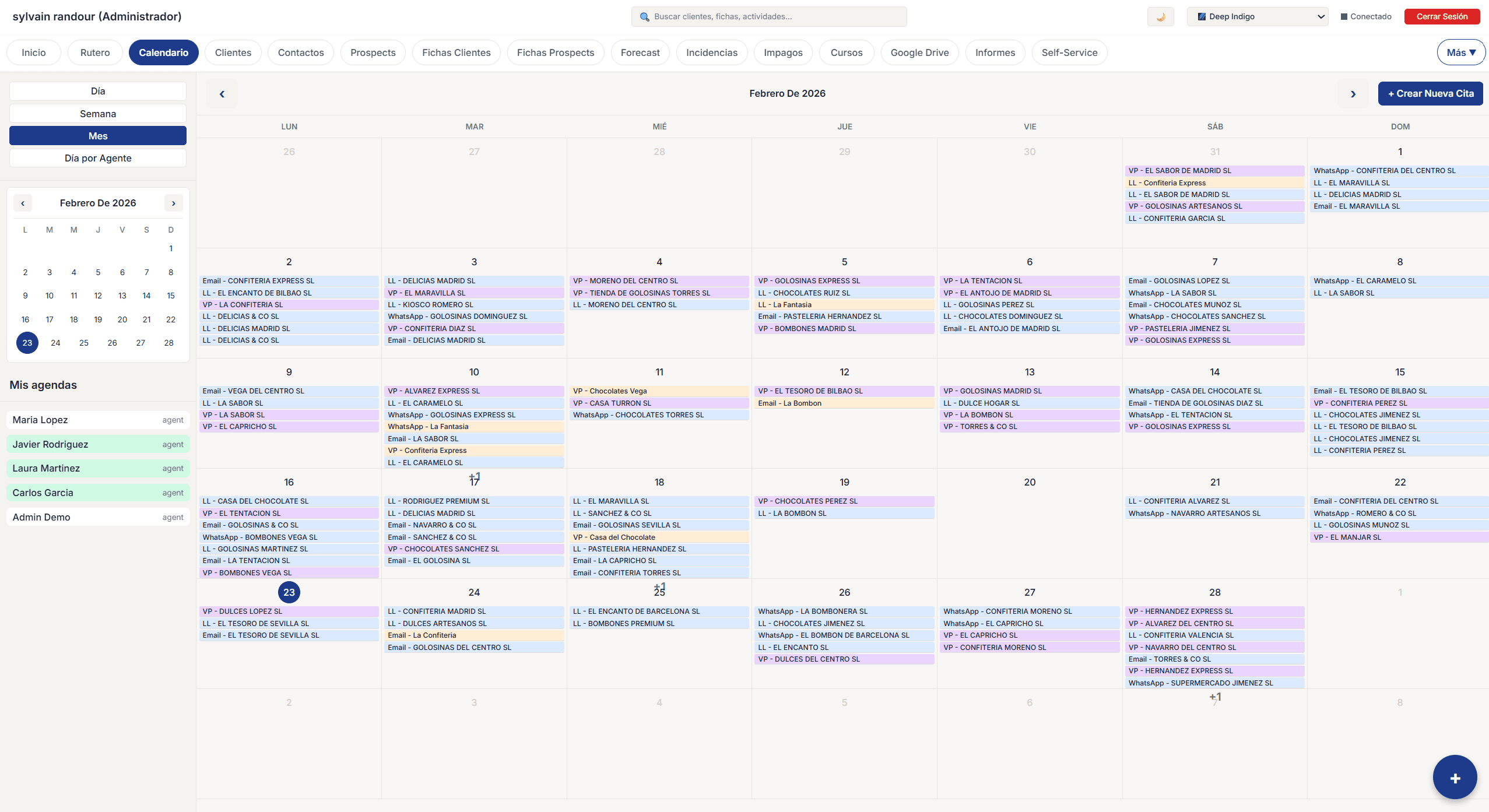 Calendrier commercial integre avec visites, appels et taches planifiees