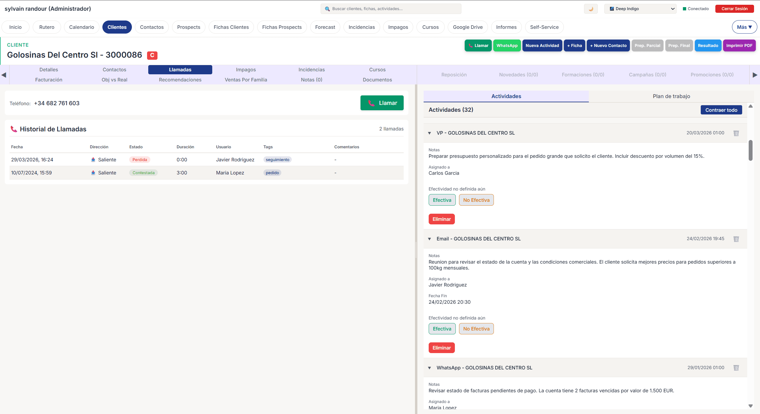 Historique d'activites du client en format accordeon avec timeline interactif et historique d'appels AirCall. GoAgenticCRM est integre avec AirCall, tout est sauvegarde automatiquement.